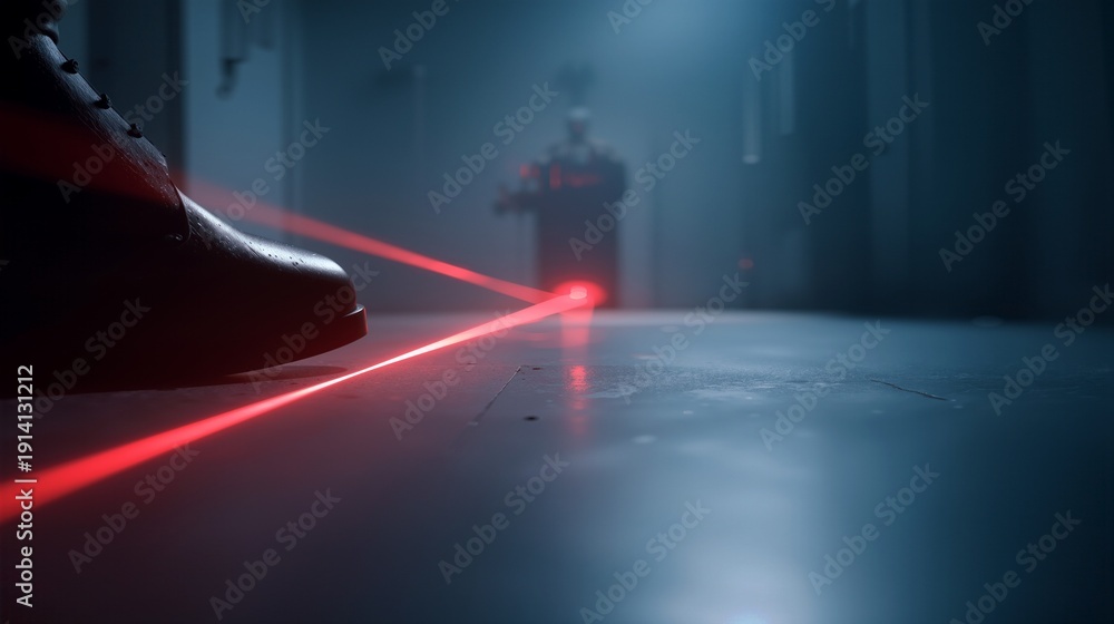 Fototapeta premium Laser security system in action with red beams and an approaching foot