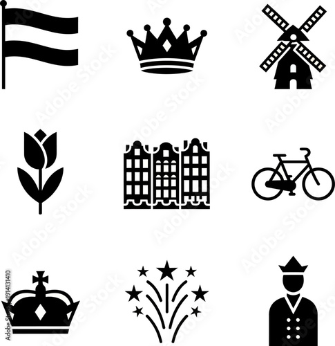 Collection of essential black silhouette icons representing famous landmarks and cultural symbols associated with the Netherlands