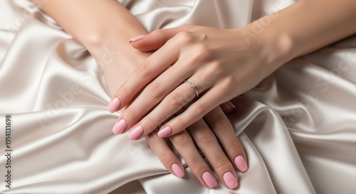 Wallpaper Mural Woman's hands with pink nails and ring on satin fabric Torontodigital.ca