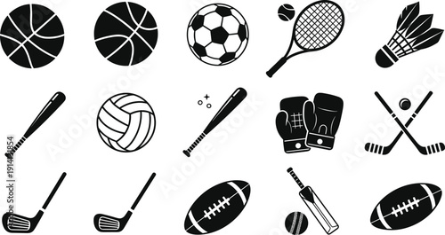 Sports Equipment Icons Set, Balls, Bats, Rackets, Gloves and Sticks, Black Vector Illustration Collection Isolated on White Background