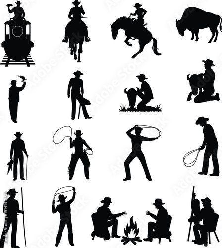 Black silhouette collection of wild west cowboys, buffalo, steam train, lasso roping, horse riding, and campfire scenes for western design
