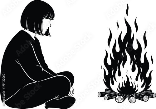 Campfire silhouette vector illustration, person sitting artwork, outdoor relaxation design, contemplative scene graphic, black outline vector, peaceful firelight posture