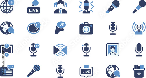 Comprehensive broadcast and news media icon set featuring global live streaming symbols microphones headsets and professional studio recording equipment.