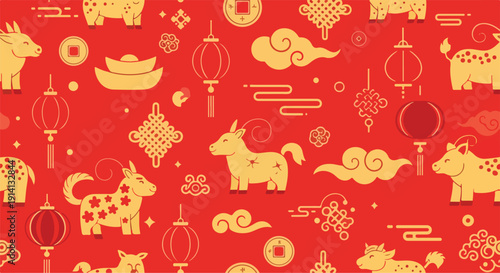 Red and gold seamless pattern for Lunar New Year. Features golden zodiac oxen, traditional lanterns, lucky coins, and auspicious cloud designs
