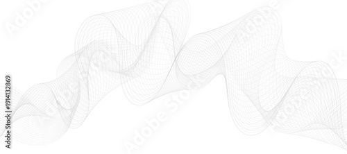 Modern Abstract Glowing Soft Grey Wave Lines on a White Background: Dynamic Flowing Wave Design Element Representing Futuristic Technology and Sound Wave Patterns