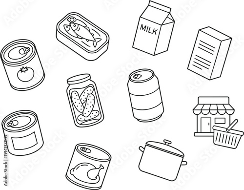 Hand drawn grocery packaging icons with milk carton cans jars food container pot and supermarket shop outline vector set