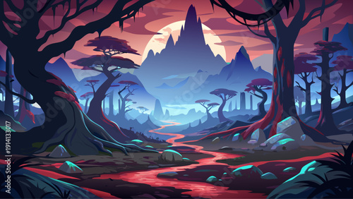 Very beautiful dark and mysterious forest landscape of Aokigahara in Japan, dense twisted trees rising from ancient lava fields beneath a haunting mist.