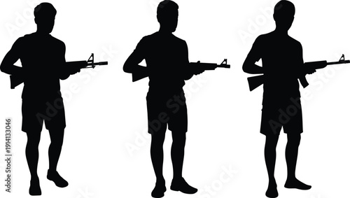 Silhouettes of three armed individuals holding rifles in ready position, symbolizing military security, combat readiness, defense, tactical stance, and armed personnel