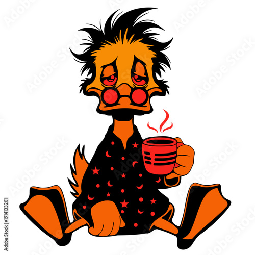 cartoon illustration of a grumpy and tired duck sitting down with coffee