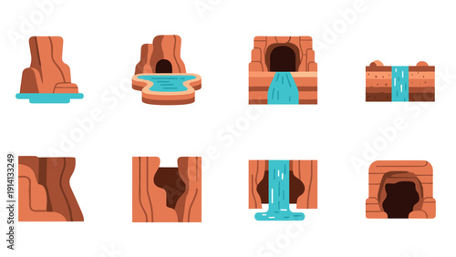 Flat style canyon and waterfall icons set for nature-themed designs