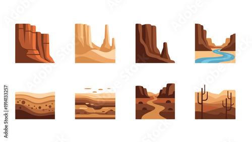 Desert landscape icons with canyon and cactus elements in flat design