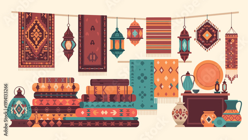 Bohemian bazaar with vibrant tapestries and lanterns in a flat design