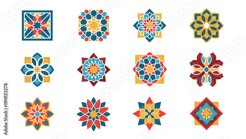 Colorful geometric floral patterns in traditional style