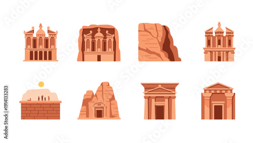 Ancient architecture icons set featuring petra monuments in flat design