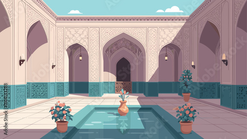 Tranquil courtyard with ornate architecture and reflective pool