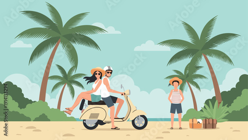Tropical beach vibes: couple on scooter with child relaxing under palm trees
