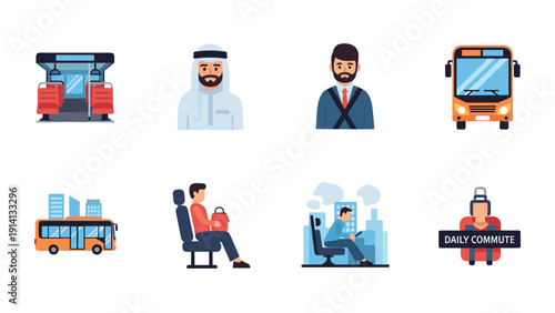 Urban public transport and commuting concepts in modern flat design