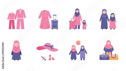 Family travel icons: minimalistic vector set featuring muslim women in traditional attire