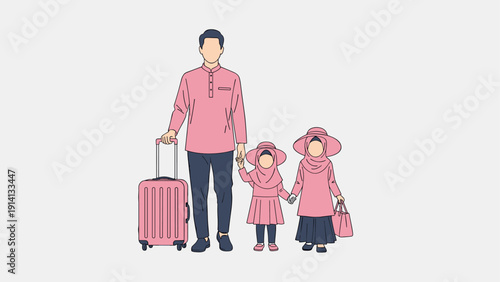 Family travel adventure: father with daughters and luggage in pink outfits