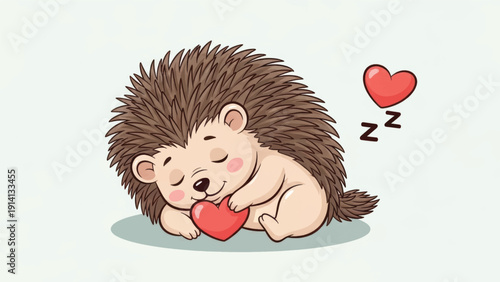 A cute sleeping hedgehog holding a red heart in a peaceful cartoon scene.
