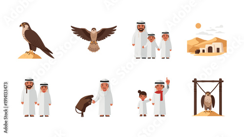 Middle eastern culture: family, falcons, and desert scenery in charming flat design