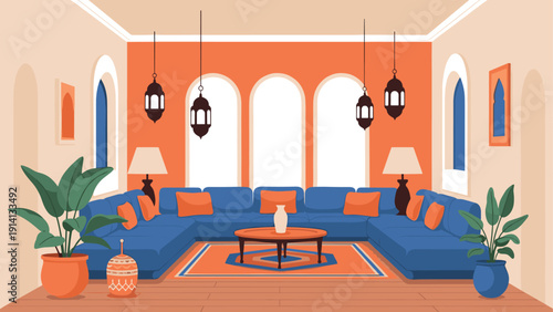 Cozy mediterranean living room with modern blue sofa and warm orange accents