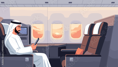 Middle eastern man relaxing in first class airplane cabin with digital tablet