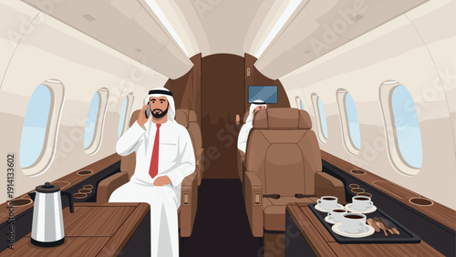 Luxury private jet interior with passengers in traditional dress relaxing and enjoying coffee