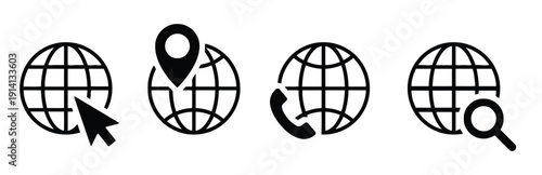 World globe icons representing internet location phone and search
