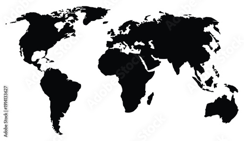 World map silhouette, flat black continents for global concepts
