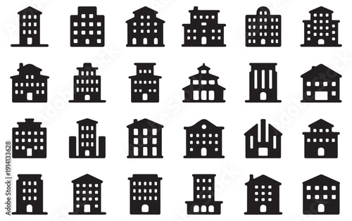 Minimalist house and apartment building icons featuring diverse architectural shapes for real estate layouts
