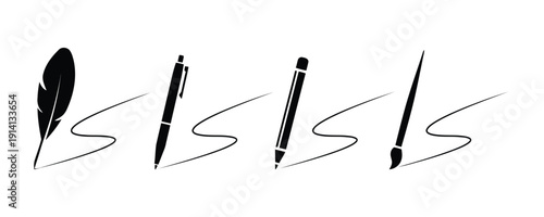 Writing instruments icons, quill pen, ballpoint pen, pencil, paintbrush with signature stroke, creativity and art
