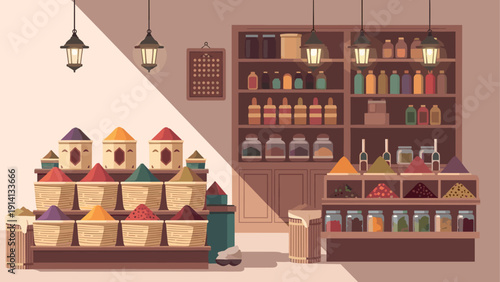 Cozy spice and herb shop with colorful displays and rustic decor