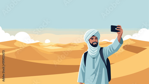 Traveler taking a selfie in desert landscape with turban and traditional attire