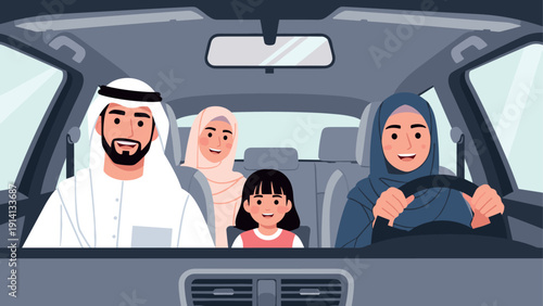 Happy family driving together in modern car interior scene