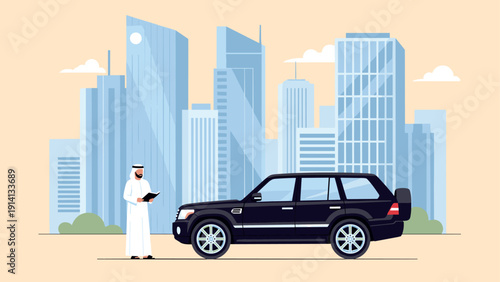 Modern cityscape with suv and businessman in middle eastern attire