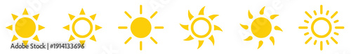 Yellow sun icons collection for weather forecast and summer concepts