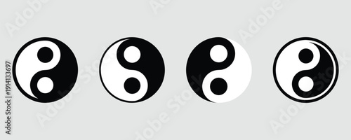 Yin Yang symbols in black and white variations on gray background
