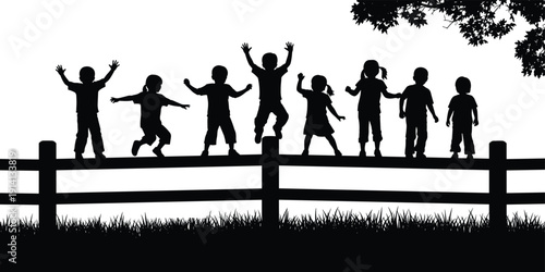 Children silhouette illustration, wooden fence, playful kids, outdoor scene, joyful childhood, nature background, summer playtime, group activity, vector art