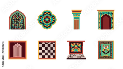 Colorful geometric patterns and architectural elements in traditional style