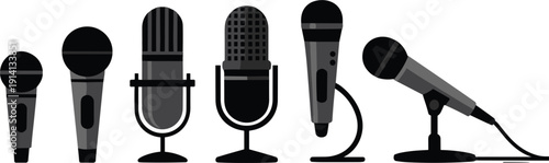 Professional dark grey and black microphone icons set featuring stage dynamic mics and studio condenser models for audio production.