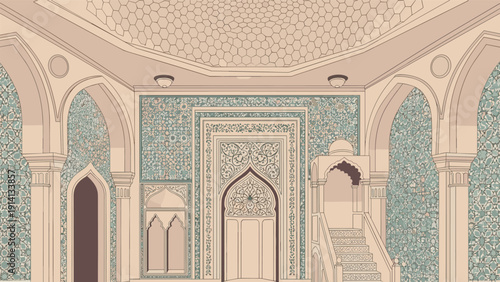 Elegant middle eastern interior with intricate geometric patterns and arched architecture