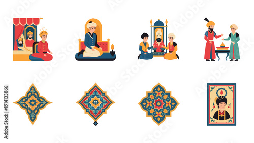 Colorful traditional middle eastern scenes and decorative patterns