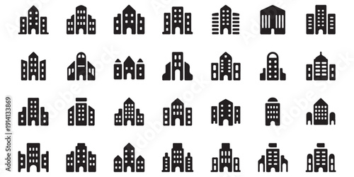 Corporate business park building icons showing grouped office structures for commercial district visualization