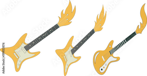 Stylized electric guitars with flame headstocks in vibrant yellow and orange tones, symbolizing rock music, energy, creativity, performance, and artistic instrument design