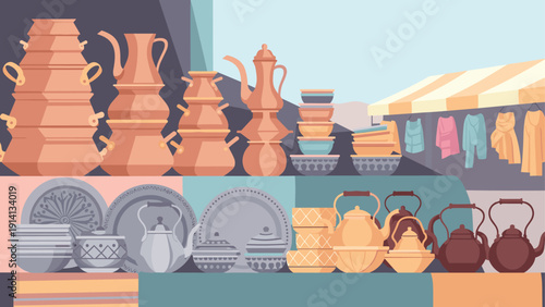 Colorful flat design of traditional market with pottery and textiles