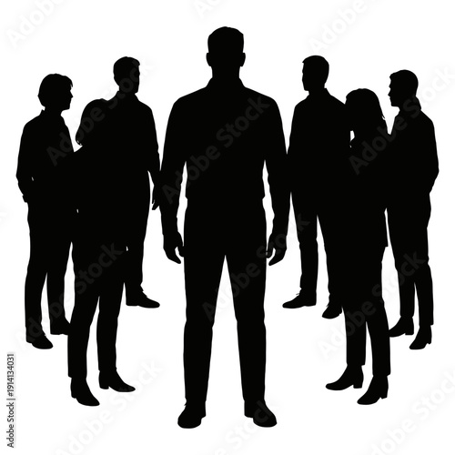 Business team silhouettes standing together in black vector illustration