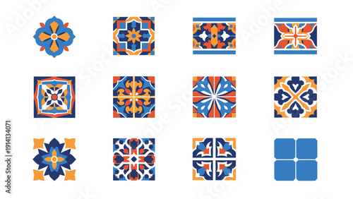 Seamless decorative patterns: vibrant blue and orange geometric tiles collection