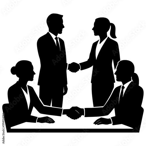 Business people shaking hands in office meeting silhouette vector illustration