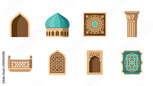 Islamic architecture elements in flat design: arches, domes, and decorative patterns